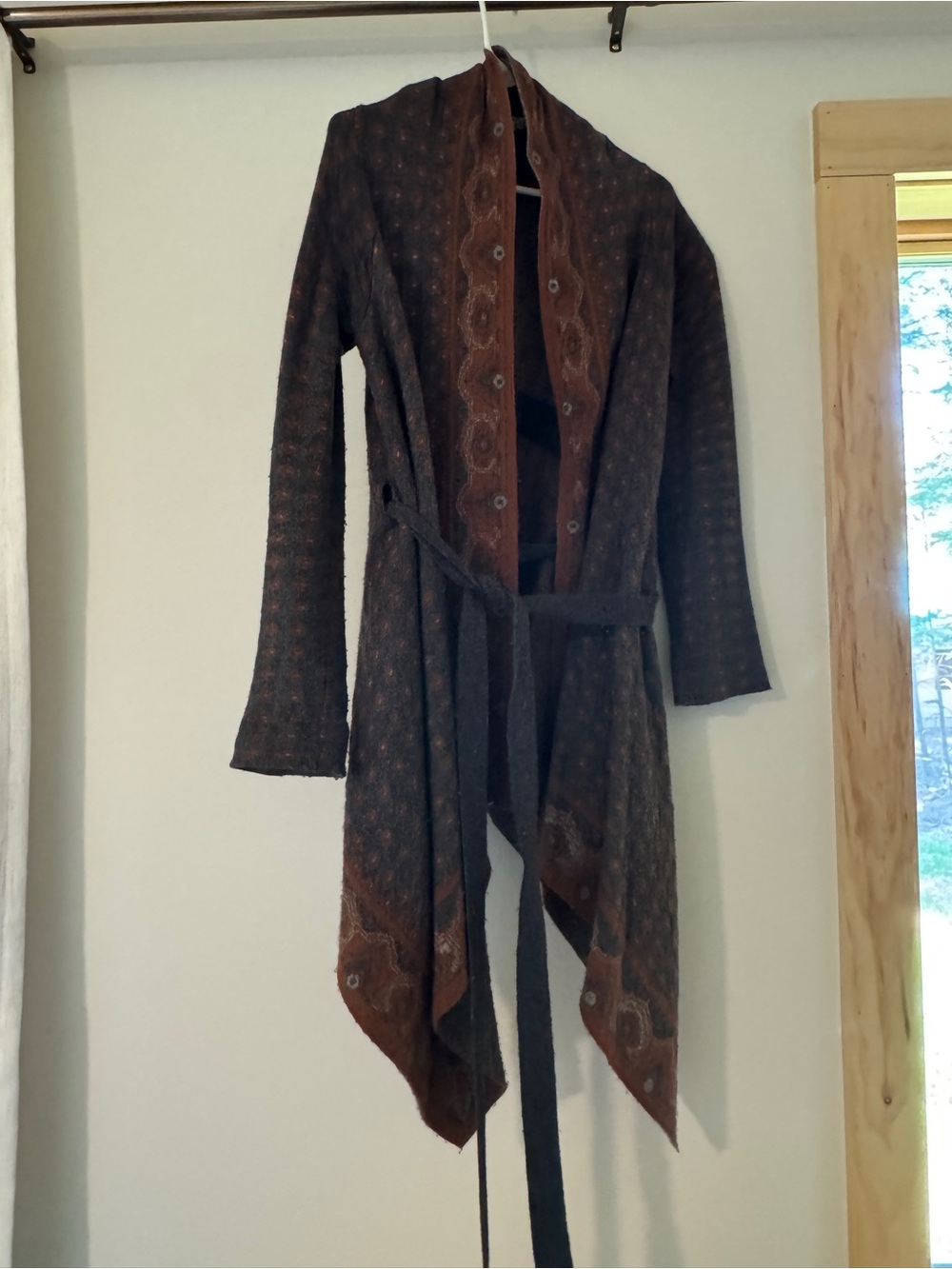 Asymmetrical Brown Patterned Open Front Duster Cardigan with Belt